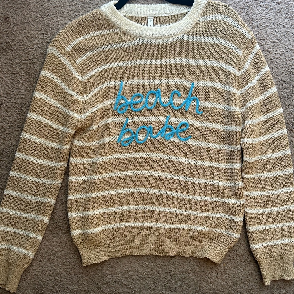 Three Bird Nest Beach Babe Striped Tan and White Sweater